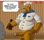 anthro balls belly black_eyes black_nose blush chef chef_hat chef_uniform clothing dialogue dot_eyes duo genitals hat headgear headwear male overweight overweight_male penis solo_focus text hunter-husky bear's_restaurant bear mammal 2023 english_text hi_res