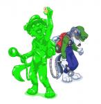 blue_eyes clothing male simple_background spots weapon tim_weeks luigi's_mansion mario_bros nintendo savestate gooigi kade_(savestate) luigi australian_shepherd blue_merle canid canine canis domestic_dog herding_dog mammal pastoral_dog sheepdog hi_res