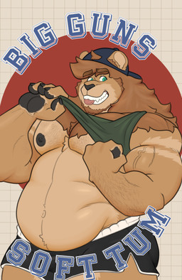 anthro arm_hair belly body_hair chest_hair clothing eyebrows flexing green_eyes happy hat headgear headwear male muscular muscular_male navel nipples overweight pecs solo text tongue bigsoftlion tanker_(bigsoftlion) felid feline lion mammal pantherine absurd_res english_text hi_res