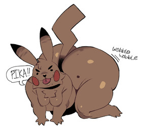anthro big_butt blush blush_stickers brown_body brown_fur butt butt_jiggle fur huge_butt jiggling male moobs nipples onomatopoeia slightly_chubby slightly_chubby_male solo sound_effects text thick_thighs tongue tongue_out axelfloof nintendo pokemon generation_1_pokemon pikachu pokemon_(species) hi_res
