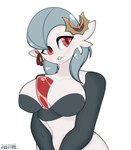 accessory bell big_breasts breasts clothed clothing female grey_hair hair not_furry red_eyes simple_background solo white_body just_mae nintendo pokemon fan_character testament_(solar_kosmo) gardevoir generation_3_pokemon humanoid pokemon_(species) 2022 hi_res signature