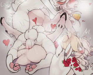 anal anal_penetration anthro balls bell bell_collar big_balls blonde_hair blush bodily_fluids collar cum cum_while_penetrated doggystyle duo feet femboy from_behind_position from_front_position fur genital_fluids genitals hair hair_bun hand_holding hooves humanoid_penis_outline kissing legs_up male male/male male_penetrated male_penetrating male_penetrating_male mating_press multiple_angles multiple_poses multiple_positions pawpads penetration penile penile_penetration penis_in_ass pose sex side_view tattoo white_body white_fur wide_eyed neoxyden julian_(tserossa) zarii_(neoxyden) bovid caprine mammal sheep digital_media_(artwork) hi_res
