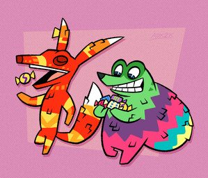anthro big_ears blue_body blue_eyes candy dessert duo ear_markings eyes_closed fluffy fluffy_tail food green_body grin happy looking_down male markings open_mouth orange_body pinata pink_background pink_body purple_body red_body simple_background smile tail tail_markings walking white_body yellow_body artdexo2000 rareware viva_pinata fergy_fudgehog paulie_pretztail animate_inanimate canid canine fox fudgehog living_pinata mammal pretztail 2013 2023 hi_res