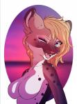 anthro blue_eyes breasts eyelashes featureless_breasts female fur hair looking_at_viewer one_eye_closed open_mouth simple_background smile solo spots tongue wink deazea_(artist) lacey_(millydeer) felid mammal pantherine snow_leopard 2018 bust_portrait digital_media_(artwork) hi_res portrait