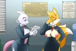 2015 3:2 anthro areola big_breasts bite biting_lip biting_own_lip black_nose breasts canid canine clothed clothing crossgender crossover detailed_background digital_media_(artwork) dipstick_tail dripping duo english_text erect_nipples exclamation_point eyes_closed facepalm female fox fur generation_1_pokemon jacket legendary_pokemon lips lonbluewolf mammal markings mewtwo miles_prower multi_tail multicolored_tail navel necktie nintendo nipples office open_clothing open_jacket open_topwear plant pokemon pokemon_(species) purple_eyes question_mark sega self_bite short_story sonic_the_hedgehog_(series) story story_in_description tail tail_markings text topwear uniform water water_cooler white_body white_fur yellow_body yellow_fur