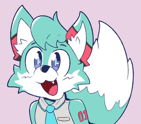 anthro blue_body blue_eyes blue_fur clothing cosplay cute_fangs dipstick_tail fangs fur fur_markings male markings necktie open_mouth shirt sleeveless_shirt solo tail tail_markings teeth tongue topwear white_body white_fur efextex vocaloid hatsune_miku roflfox canid canine fox mammal 2025 bust_portrait digital_media_(artwork) portrait