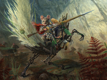 ambiguous_gender anthro armor brown_body brown_fur cape clothing fern fur group holding_lance lance melee_weapon polearm riding rock weapon whiskers steven_belledin hasbro magic:_the_gathering wizards_of_the_coast animate_inanimate mammal mouse murid murine rodent 2023 hi_res official_art