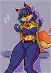 absurd_res anthro blue_hair breasts canid canine carmelita_fox clothed clothing ear_piercing ear_ring exposure_variation female fox fur hair hi_res mammal piercing ring_piercing simple_background sly_cooper_(series) solo sony_corporation sony_interactive_entertainment sozokuu sucker_punch_productions