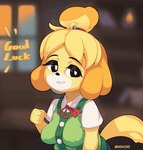 anthro big_breasts black_eyeshadow blinking blonde_hair bouncing_breasts breasts clothing encouragement eyeshadow female hair makeup nipple_outline ponytail shaking_breasts shirt short_ponytail solo swaying tail tail_motion tailwag topwear upper_body white_clothing white_shirt white_topwear genvoke animal_crossing nintendo isabelle_(animal_crossing) canid canine canis domestic_dog mammal 2d_animation animated digital_media_(artwork) short_playtime