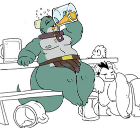 alcohol anthro beer_mug beverage clothed clothing drunk eyes_closed furniture group horn lying male moobs nipples on_side overweight overweight_anthro overweight_male simple_background sitting substance_intoxication table topless trio tusks white_background vdisco thud_(vdisco) kobold scalie hi_res