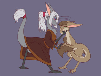 accessory anthro bell brown_hair clothing dress duo female fur furgonomics green_eyes grey_body grey_fur hair hair_accessory male multicolored_body multicolored_fur nude pink_eyes ponytail pupils robe simple_background size_difference slit_pupils smile standing tail tail_accessory tail_bell tail_tuft tuft two_tone_body two_tone_fur whiskers white_hair general-irrelevant out-of-placers mammal yinglet 4:3 character_request female_(lore)