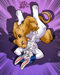 anthro arms_tied bodily_fluids bound cum cum_in_balls cum_in_chest cum_inside cum_on_face duo ejaculation genital_fluids male male/male mascot muscular nipple_fetish nipple_play skinny soccer sport crisn-black-space club_cruz_azul club_universidad_nacional liga_mx goyo liebre_blu cougar felid feline hare lagomorph leporid mammal pantherine 4:5 hi_res