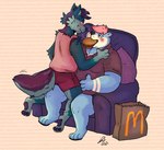 anthro bear belly blue_body blue_fur blush burger canid canine canis clothed clothing eating fast_food food force_feeding forced fur hair hi_res male mammal mcdonald's obese obese_anthro obese_male overweight overweight_anthro overweight_male pink_hair purple_hair raccoonkind series_(disambiguation) sitting straddling toza weight_gain wolf yukon