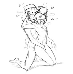 anthro bodily_fluids breasts clothing cum duo female from_behind_position genital_fluids hat headgear headwear kneeling male male/female nude reach_around sex hush_button derby_(mrbuttonboi) lagomorph leporid mammal rabbit character_request monochrome