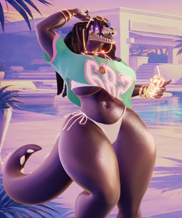 anthro big_breasts bikini breasts clothed clothing female solo swimwear teeth thick_thighs two-piece_swimsuit wide_hips mrzebras da.nilkaz_(modeler) gta_vi_cover_girl scp_foundation scp-682 lizard monster reptile scalie blender_(artwork) digital_media_(artwork) hi_res watermark