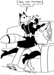 2023 alcohol anthro beverage boots breasts canid canine champagne clothed clothing domestic_cat dress english_text felid feline felis female footwear fox furniture hi_res high_heeled_boots high_heels legwear machine maid_uniform male male/female mammal monochrome robot robota_(tegerio) roocat_(character) sofa tail tegerio text thigh_highs uniform