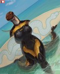 2019 adria_(adleisio) anthro ball_python beach breasts clothed clothing curvy_figure detailed_background female glistening glistening_clothing hi_res labial_pit legs_in_water looking_at_viewer non-mammal_breasts outside partially_submerged pit_organ python python_(genus) reptile scalie seaside snake solo standing submerged_legs submerged_tail surfboard swimwear tail_in_water tail_out_of_water text tongue tongue_out totesfleisch8 vehicle voluptuous walking watercraft wetsuit