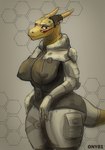 anthro big_breasts big_butt breasts butt clothed clothing cybernetics cyberpunk female horn huge_breasts jumpsuit latex latex_clothing latex_skinsuit looking_at_viewer machine nipples rubber_clothing science_fiction simple_background skinsuit smile solo tail tight_clothing visor wide_hips ony01 mythology dragon mythological_creature mythological_scalie scalie absurd_res hi_res