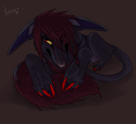 4_toes animal_genitalia black_body black_fur claws digitigrade dreadlocks eye_through_hair eyebrow_through_hair eyebrows feet feral fully_sheathed fur genitals hair long_ears long_tail male red_claws red_eyes red_hair sad sheath simple_background solo tail tail_tuft toes translucent translucent_hair tuft yellow_sclera bluetyrafox lilaira_(character) vernid 2011 digital_media_(artwork) signature