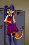 anthro black_nose blue_hair bottomwear braces brown_eyes clothed clothing eyewear female fully_clothed fur glasses hair skirt solo astraldog sly_cooper_(series) sony_corporation sony_interactive_entertainment sucker_punch_productions carmelita_fox canid canine fox mammal 2017 hi_res