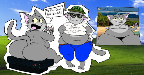 anthro big_butt black_clothing black_eyes black_shirt black_t-shirt black_thong black_topwear black_underwear blue_bottomwear blue_clothing blue_pants bottomwear butt clothed clothing electronics eyewear fangs front_view fur green_clothing green_hat green_headwear grey_body grey_ears grey_fur grey_hair grey_tail hair half-closed_eyes hands_on_hips hands_on_own_hips hat headgear headphones headwear holding_object huge_butt looking_back male moobs multicolored_body multicolored_clothing multicolored_fur multicolored_hat multicolored_shirt multicolored_t-shirt multicolored_topwear narrowed_eyes nude obese obese_anthro obese_male overweight overweight_anthro overweight_male pants photo playstation_console portable_music_player rear_view sharp_teeth shirt sitting sitting_on_object smile smug smug_face solo standing sunglasses t-shirt tail teeth text text_on_clothing text_on_t-shirt text_on_topwear thick_thighs thong three-quarter_view tongue topwear two_tone_body two_tone_clothing two_tone_fur two_tone_shirt two_tone_t-shirt two_tone_topwear underwear whiskers white_clothing white_shirt white_t-shirt white_topwear soupsonic705 microsoft microsoft_windows playstation playstation_2 sony_corporation sony_interactive_entertainment windows_xp gray_cat_(alienmyth64) domestic_cat felid feline felis mammal 2026 artist_name digital_media_(artwork) english_text hi_res