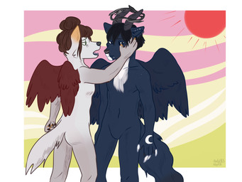 anthro black_hair brown_hair duo featureless_crotch hair hand_on_face horn male sad sun mort3l canid canine canis mammal wolf 4:3 hi_res smaller_version_at_source