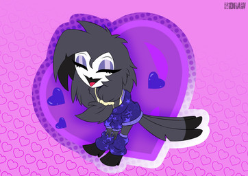 anthro biped black_body black_feathers black_hair black_markings clothed clothing countershade_face countershading dipstick_tail eyebrows eyes_closed eyeshadow feathers female hair heart_symbol holidays jacket long_hair makeup markings open_mouth open_smile pink_background pink_eyeshadow purple_clothing purple_jacket purple_topwear simple_background smile solo tail tail_feathers tail_markings tongue topwear white_body white_countershading h1draw hellaverse helluva_boss valentine's_day octavia_(helluva_boss) avian bird demon owl owl_demon 2026 absurd_res hi_res