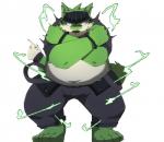 anthro belly bottomwear clothing fur green_body green_fur humanoid_hands male navel overweight overweight_anthro overweight_male pants simple_background solo white_background green_bell inakamichi canid canine mammal 2019