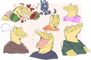 anthro black_eyes blue_clothing blue_shirt blue_topwear brown_clothing brown_shirt brown_topwear clothing duo food fruit green_clothing green_shirt green_topwear laugh male melon multiple_poses orange_clothing orange_shirt orange_topwear pink_clothing pink_shirt pink_topwear plant pose sharp_teeth shirt solo_focus teeth topwear watermelon dubindore dubindore_(character) alligator alligatorid crocodilian domestic_cat felid feline felis mammal reptile scalie