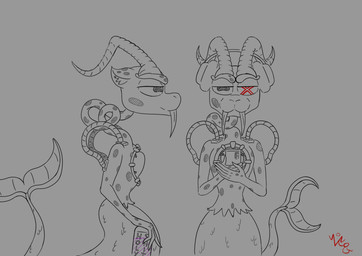 anthro duo electronics headgear headphones headset male music phone sinyap mythology western_zodiac capricorn_(zodiac) sinyap_(character) aquatic bovid caprine mammal mancubus mancubus_(doom) mythological_creature mythological_marine sea_goat absurd_res comic hi_res
