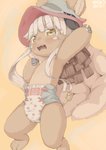 anthro blush clean_diaper clothing diaper digitigrade female flat_chested hat headgear headwear long_ears open_mouth paws solo standing teeth whiskers young young_anthro omulette_(artist) made_in_abyss nanachi lagomorph leporid mammal narehate rabbit absurd_res hi_res