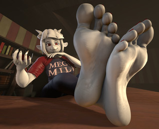 anthro barefoot bookshelf bottomwear breasts close-up clothing colored_nails colored_toenails container crossed_ankles crossed_feet crossed_legs cup drinking_glass feet feet_on_desk feet_up female foot_fetish foot_focus foot_on_table fur furniture glass glass_container glass_cup hand_under_chin horizontal_pupils horn humanoid_feet looking_at_viewer mole_under_eye nails office pants plantigrade pupils red_eyes red_nails red_toenails shirt smile smirk smug soles solo sweatpants table toenails toes topwear white_body white_fur wine_glass glaskanosvki helltaker goat_lucifer_(helltaker) bovid caprine demon goat mammal 3d_(artwork) digital_media_(artwork) hi_res source_filmmaker_(artwork)
