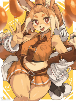 anthro balloon bottomwear clothed clothing eyelashes female fingers inflatable looking_at_viewer miniskirt navel open_mouth orange_clothing pupils sitting skirt smile solo topwear white_clothing wide_hips iepelppa lagomorph leporid mammal rabbit 3:4 absurd_res hi_res