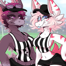anthro antlers blue_eyes blue_sclera breasts buckteeth clothed clothing crop_top duo eyewear eyewear_on_head fangs female hair hand_on_hip hat headgear headwear horn looking_at_viewer midriff navel non-mammal_breasts outside pink_hair purple_eyes purple_hair purple_sclera referee shirt smile sunglasses sunglasses_on_head teeth tongue topwear whistle_(object) hoshmyposhes mythology dragon mythological_creature mythological_scalie scalie 1:1 2018 digital_media_(artwork) hi_res
