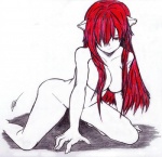 breasts female hair hair_over_eye horn kneeling looking_at_viewer not_furry nude one_eye_obstructed red_eyes red_hair simple_background solo white_background bowsermiky elfen_lied lucy_(elfen_lied) diclonius humanoid 2011 signature