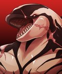 anthro black_body front_view gradient_background male muscular muscular_anthro muscular_male open_mouth pupils red_eyes red_tongue scar simple_background solo tongue white_body white_pupils imperatorcaesar cetacean dolphin mammal marine oceanic_dolphin orca toothed_whale bust_portrait hi_res portrait