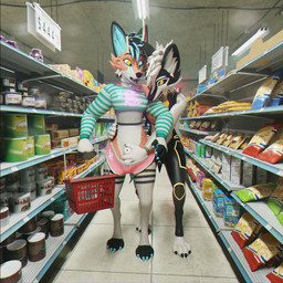 anthro duo femboy flaccid flaccid_play genitals horn male male/male penis public public_nudity supermarket teasing wings sanythefox sany_van_fox sol_heylyn_(sanythefox) bovid canid canine fox lagomorph mammal wolpertinger 1:1 3d_(artwork) digital_media_(artwork) hi_res