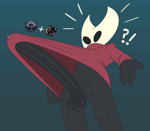 4_fingers anthro balls big_penis black_balls black_body black_penis bodily_fluids bottomless bottomless_anthro bottomless_gynomorph bottomless_intersex cloak_only clothed clothing darkened_balls darkened_genitalia darkened_penis dripping erection erection_under_clothing exclamation_point fingers gameplay_mechanics genital_fluids genital_growth genitals gradient_background growth gynomorph huge_penis humanoid_genitalia humanoid_penis hyper hyper_genitalia hyper_long_penis hyper_penis intersex long_penis penis penis_growth precum precum_drip precum_through_clothing question_mark simple_background solo surprised wet wet_clothing gemsum hollow_knight:_silksong hollow_knight_(franchise) team_cherry hornet_(hollow_knight) arthropod 2025 hi_res