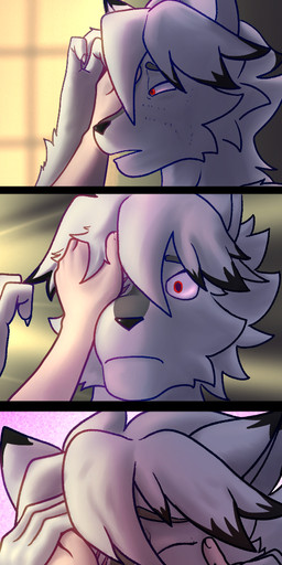 ambiguous_gender caressing clothing dialogue inside male male/ambiguous mask missing_eye scar text undressing window trashbadger mihoyo zenless_zone_zero von_lycaon canid canine canis mammal thiren wolf comic english_text hi_res long_image tall_image