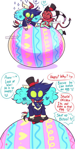 2_panel_comic aged_down anthro blue_body blue_clothing blue_feathers blue_shirt blue_topwear clothed clothing clown_costume dialogue duo easter_egg empty_eyes eyes_closed feather_hair feathers giant_egg glistening glistening_eyes green_eyes green_onesie happy hat headgear headwear heart_symbol holidays horn male offscreen_character onesie pseudo_hair red_body red_skin shirt simple_background sitting_cross-legged sitting_on_egg small_hands smile spade_tail sparkles striped_horn stripes tail tail_feathers text top_hat topwear white_background young norithelord easter hellaverse helluva_boss asmodeus_(helluva_boss) blitzo_(helluva_boss) fizzarolli_(helluva_boss) avian avian_demon bird chicken demon galliform humanoid imp phasianid 2023 absurd_res artist_name comic english_text hi_res watermark