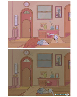 anthro bedding blanket clock detailed_background door duo fur furniture inside sleeping table white_body white_fur window eden_fries beastars haru_(beastars) legoshi_(beastars) canid canine canis domestic_rabbit dwarf_rabbit lagomorph leporid mammal oryctolagus rabbit wolf 2021 comic digital_media_(artwork) hi_res