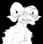 anthro chest_tuft fur grin horn looking_at_viewer male piercing smile solo standing teeth tuft madlag bovid caprine goat mammal 2018 alpha_channel digital_drawing_(artwork) digital_media_(artwork) monochrome portrait