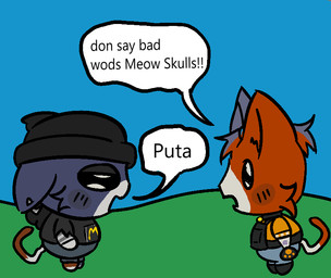 anthro beanie black_eyes blue_body blue_fur cat_tail chibi clothed clothing dialogue duo eye_contact female fur hat headgear headwear inner_ear_fluff looking_at_another multicolored_body multicolored_fur open_mouth orange_body orange_fur simple_coloring speech_bubble tail text tuft white_body white_fur nyck_ms nyck_sfw epic_games fortnite cate_meowdy meow_skulls calico_cat domestic_cat felid feline felis mammal 2026 english_text meme cousins_(lore)