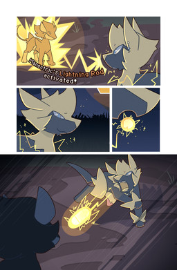 ambiguous_gender amputee black_body black_fur blue_body blue_eyes blue_fur digitigrade disability duo ear_piercing electricity electrogenesis fangs feral fight fur grass missing_leg night open_mouth outside piercing plant quadruped sky smile sparking tail tail_tuft teeth text tongue tuft yellow_body yellow_fur wooled nintendo pokemon pokemon_mystery_dungeon spike_chunsoft generation_3_pokemon generation_4_pokemon luxray manectric pokemon_(species) comic english_text hi_res shaded