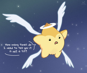 ambiguous_gender angry black_eyes breasts dialogue feathered_wings feathers genitals halo nipples not_furry open_mouth pseudo-breasts simple_background solo text toony unusual_anatomy unusual_breast_placement unusual_genitalia wings yellow_body yellow_nipples zeklullaby pretty_pretty_please_i_don't_want_to_be_a_magical_girl hoshi_(idwtbamg) living_star waddling_head 6:5 digital_media_(artwork) english_text hi_res