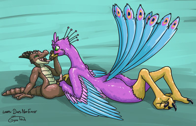 anthro avian_feet beak biped blue_body bodily_fluids brown_body claws clothing countershading drooling feathered_crest feathered_wings feathers genitals green_eyes head_crest horn male penis pink_body pupils saliva scarf slit_pupils tail tail_feathers tan_body vore_tease winged_arms wings doesnotexist gyrotech bryce_daeless gyro_feather avian bird galliform kobold peafowl phasianid scalie hi_res