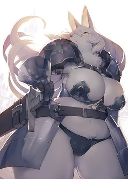 anthro armor big_breasts black_nose breasts camel_toe cleavage clothed clothing female fluffy fur hair huge_breasts kemono long_hair melee_weapon navel open_mouth solo standing sword unconvincing_armor weapon white_body white_fur white_hair yellow_eyes kishibe canid canine mammal digital_media_(artwork)