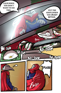ambiguous_gender anthro bodily_fluids clenched_teeth clothed clothing dialogue duo female horn knife knight profanity simple_background speech_bubble tears teeth text threatening warrior yellow_eyes brradett lernie_(brradett) humanoid scalie absurd_res colored comic digital_media_(artwork) english_text hi_res