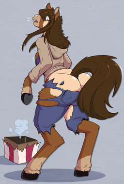 anthro bottomwear brown_hair butt clothing denim denim_bottomwear denim_clothing ear_growth ear_twitch emanata female fur fur_growth gift growth hair hooves human_to_anthro jeans motion_lines pants poof solo species_transformation standing surprised sweater tail topwear torn_bottomwear torn_clothing torn_pants transformation wrenzephyr2 equid equine horse mammal hi_res