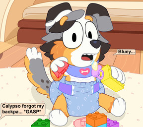 ageplay anthro bib block carpet caught dialogue diaper embarrassed female fur grey_body grey_fur infantilism offscreen_character orange_body orange_fur pacifier playing playing_with_toys roleplay speech_bubble white_body white_fur wolfpuppy21 bluey_(series) calypso_(bluey) australian_shepherd canid canine canis domestic_dog herding_dog mammal pastoral_dog sheepdog 2025 hi_res